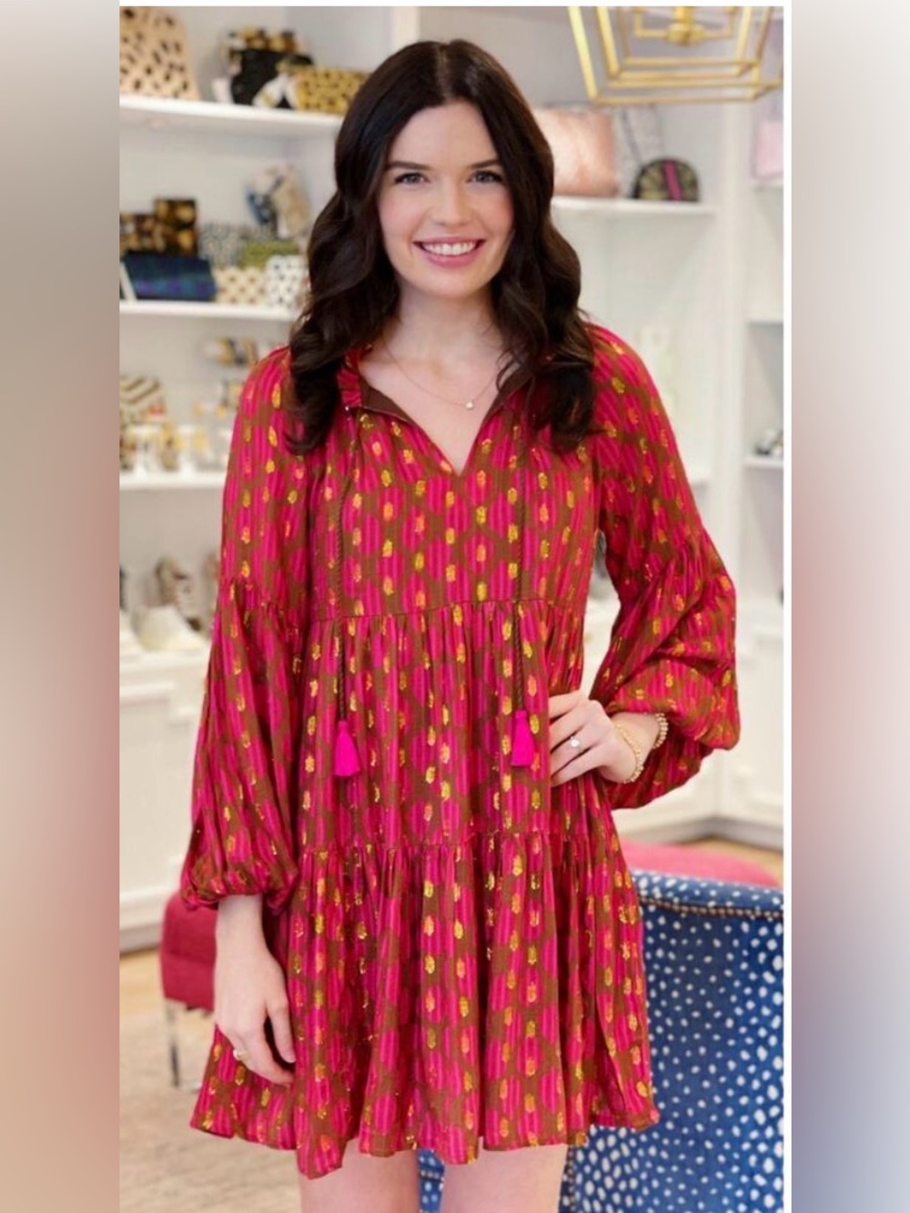 Oliphant Metallic Pink Brown Tassel Mini Dress XS Boho Resort